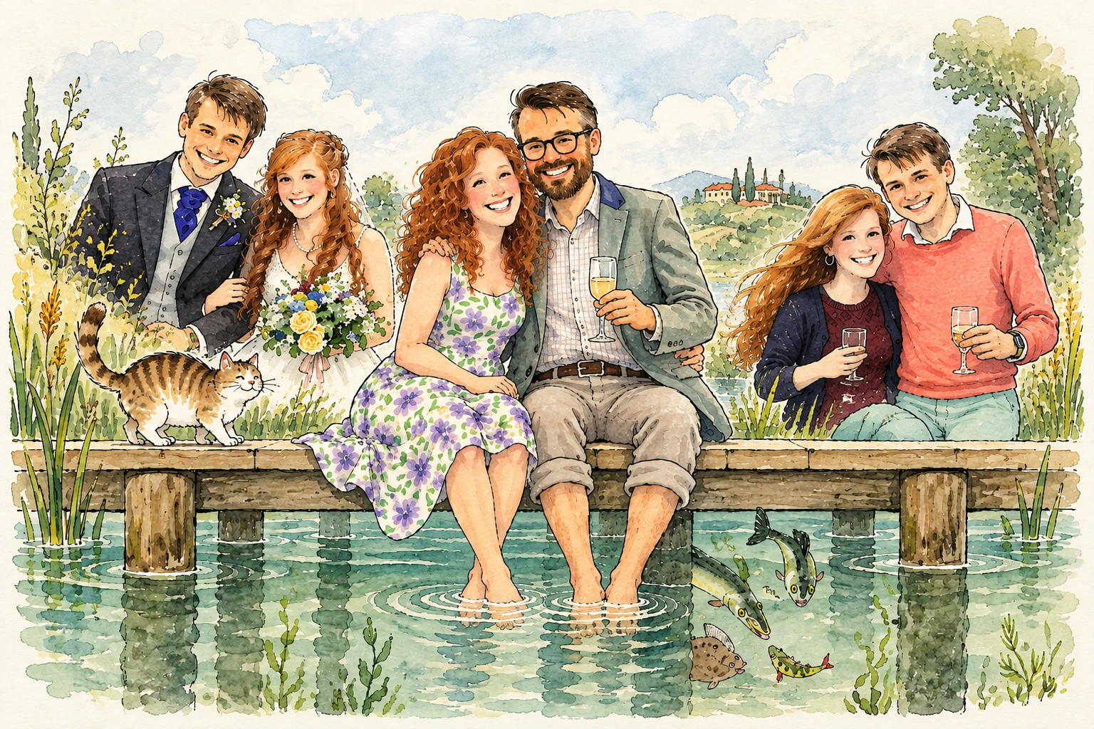 The Andersons, watercolor illustration of a family on a lakeside pier